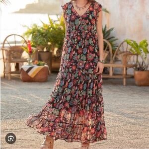 Sundance Traverse Time Floral Sheer Ruffle Lined Tiered Boho V Neck Maxi Dress